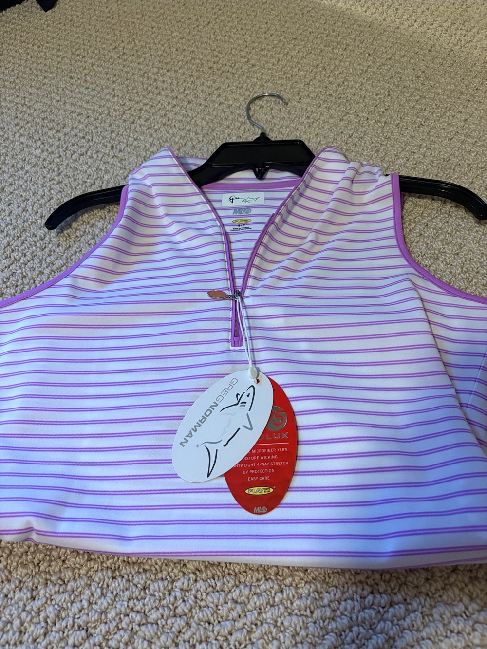Greg Norman White and Light Purple Striped Sleeveless Golf Tank Small